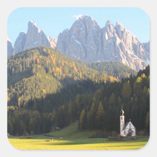Church with Dolomites mountain square sticker (Front)