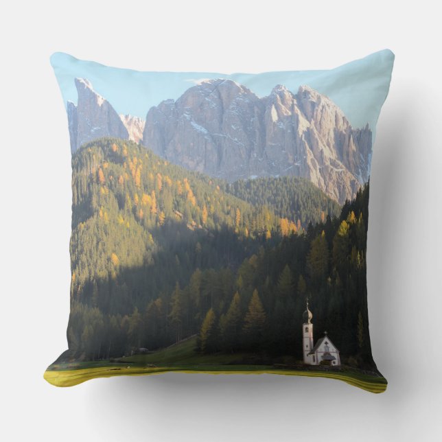 Church with Dolomites mountain throw pillow (Front)