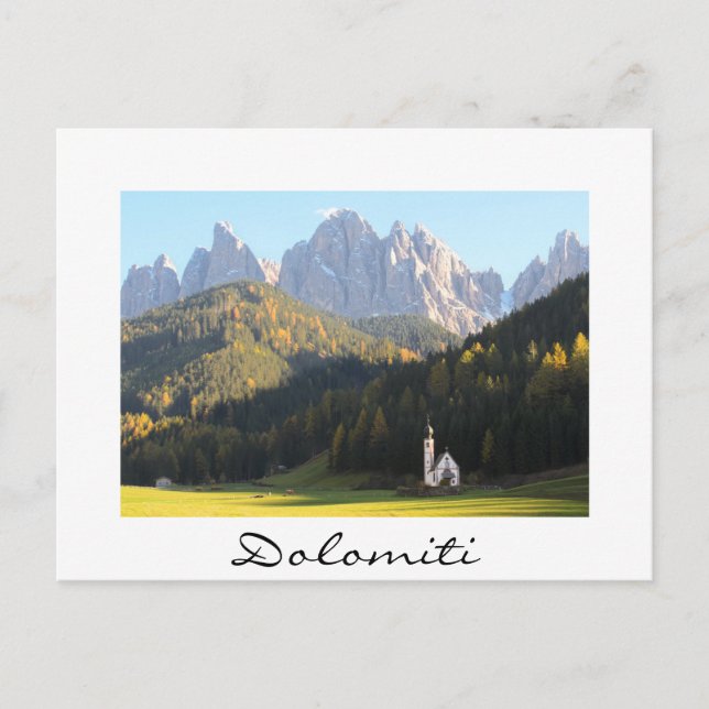 Church with Dolomites mountain white text postcard (Front)