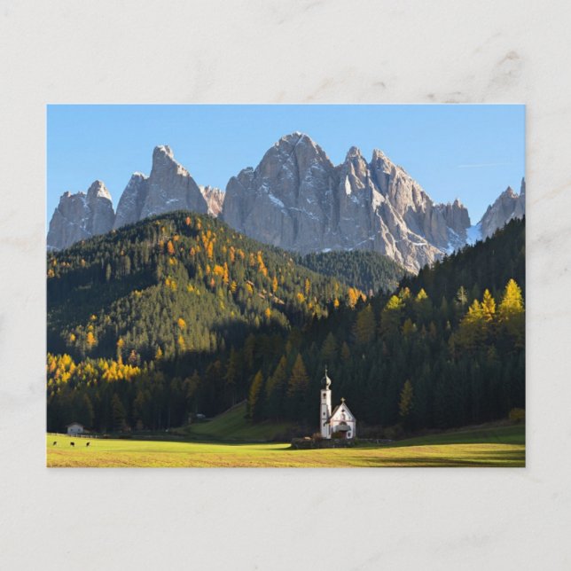 Church with Dolomites mountains postcard (Front)