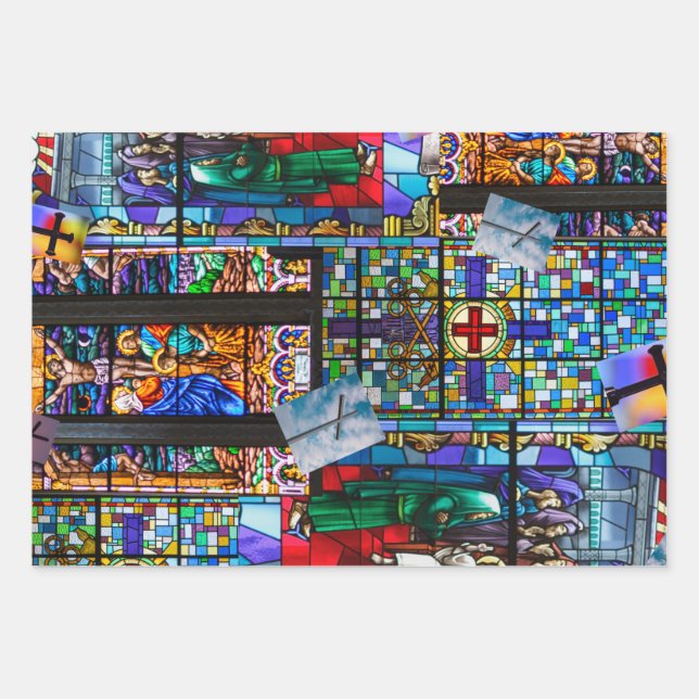 Churches Stained Glass and Crosses Wrapping Paper Sheets (Front)