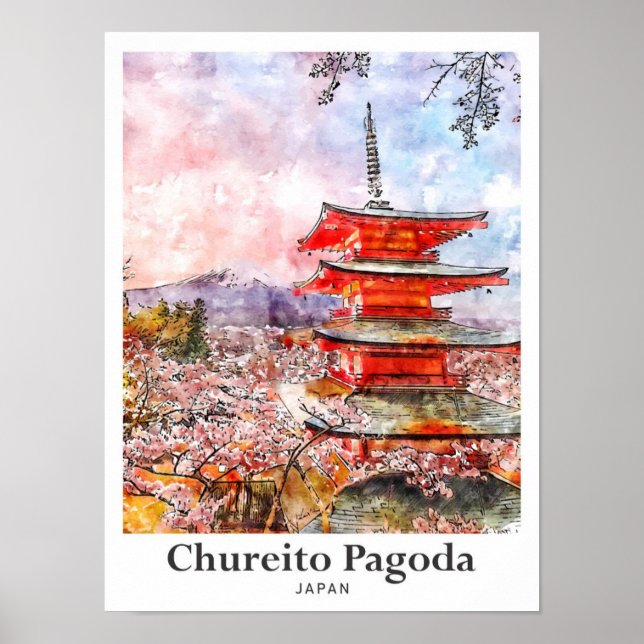 Chureito Pagoda Japan Travel Watercolor Hand Drawn Poster (Front)