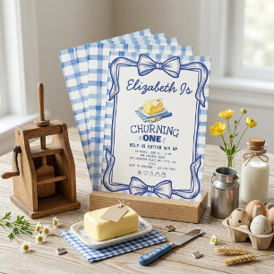 Churning One Butter First Birthday Blue Gingham  Invitation