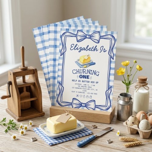 Churning One Butter First Birthday Blue Gingham  Invitation