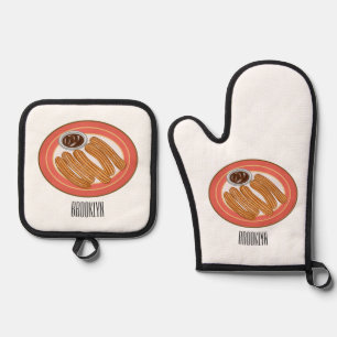 Churro cartoon illustration oven mitt & pot holder set