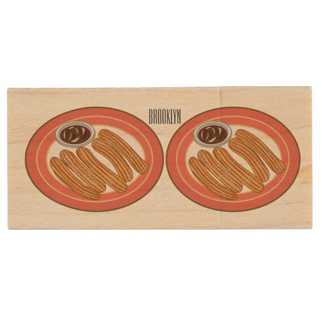 Churro cartoon illustration  wood flash drive (Front)