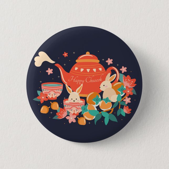 Chuseok Mid-Autumn Festival Teapot and Bunnies Button (Front)
