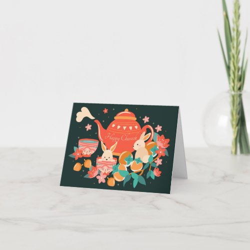 Chuseok Mid_Autumn Festival Teapot and Bunnies Holiday Card