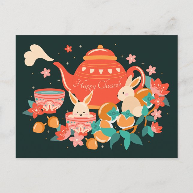 Chuseok Mid-Autumn Festival Teapot and Bunnies Postcard (Front)