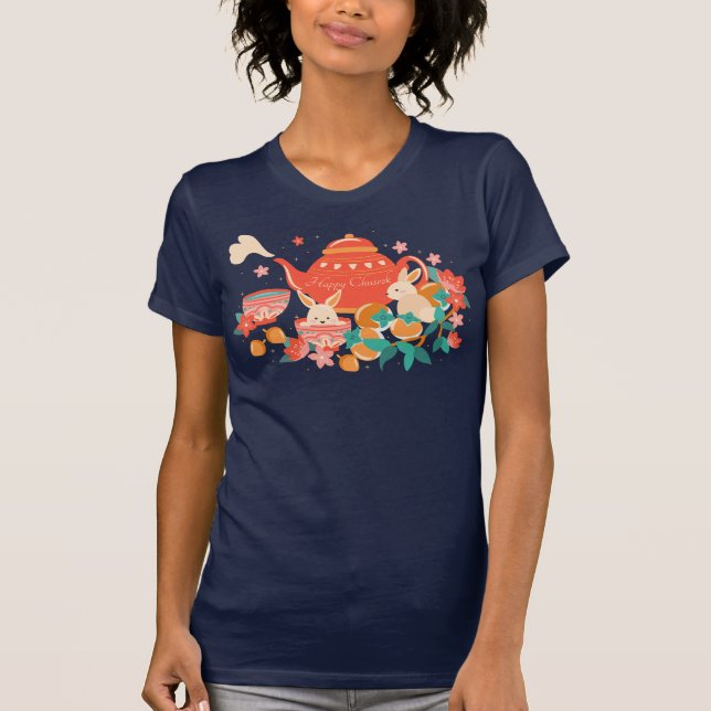 Chuseok Mid-Autumn Festival Teapot and Bunnies T-Shirt (Front)