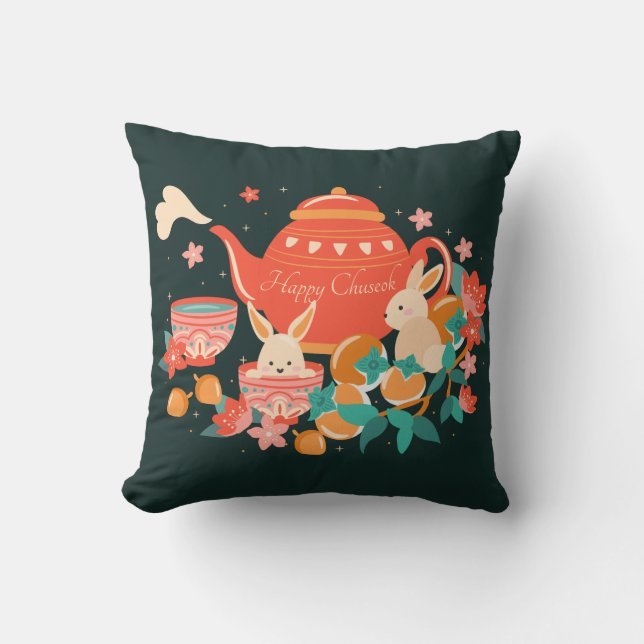 Chuseok Mid-Autumn Festival Teapot and Bunnies Throw Pillow (Front)