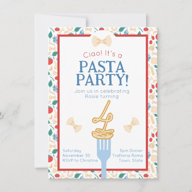 Ciao 4th Birthday Pasta Party Italian Bow Invite (Front)