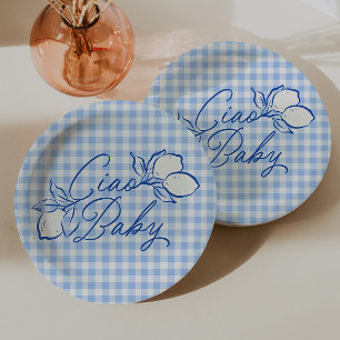 Ciao Baby Amalfi Lemon Blue Gingham Baby Shower Paper Plates