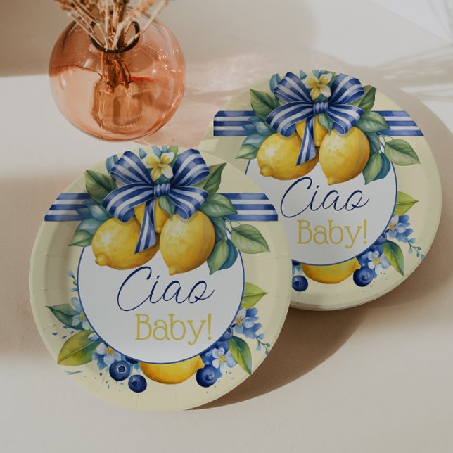 Ciao Baby Blue Bow Tile Lemon Baby Shower Paper Plates (Creator Uploaded)