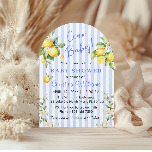 Ciao Baby Blue Citrus Lemon Baby Shower Invitation (Ciao Baby Blue Stripe Lemons Baby Shower invitation)