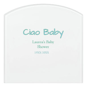 ciao baby blue green pastel baby shower name date door sign