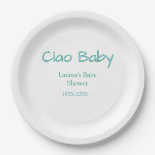 ciao baby blue green pastel baby shower name date paper plates