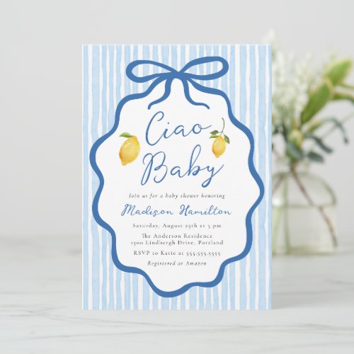 Ciao Baby Blue Italian Lemon Baby Shower Invitation