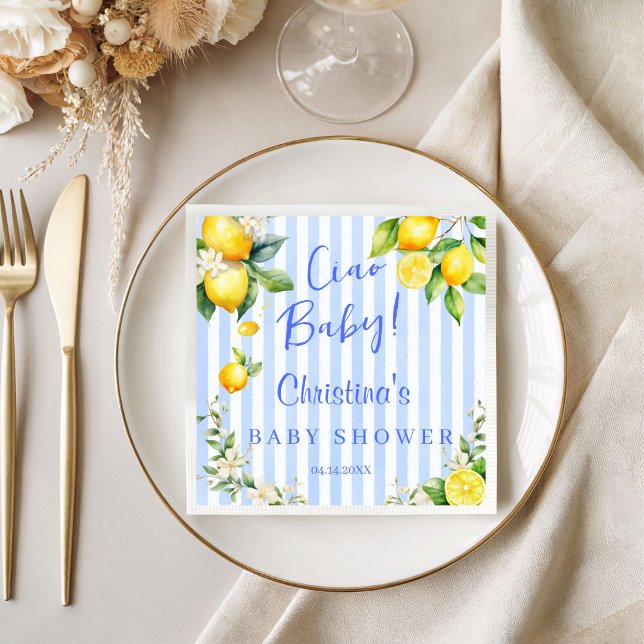 Ciao Baby Blue Lemons Baby Shower Napkins (Blue Citrus Lemons Ciao Baby Napkins)