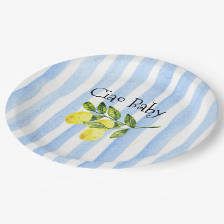Ciao Baby Blue Stripes Lemon Baby Shower  Paper Plates