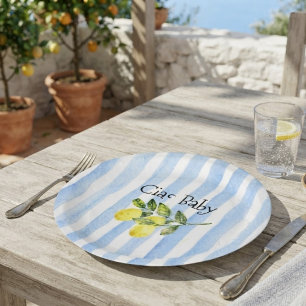 Ciao Baby Blue Stripes Lemon Baby Shower  Paper Plates