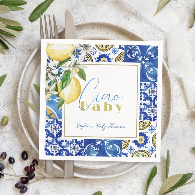 Ciao Baby Blue Tile Citrus Lemon Baby Shower Napkins (Creator Uploaded)