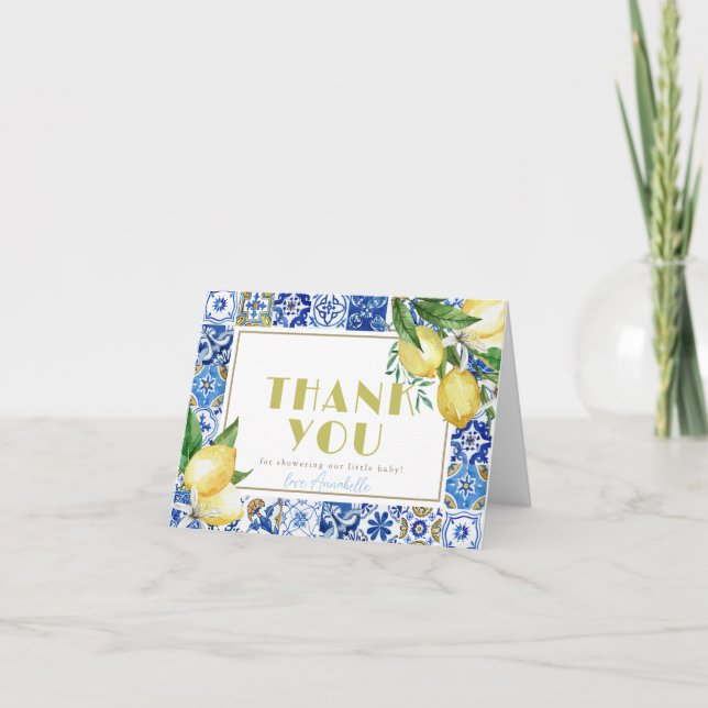 Ciao Baby Blue Tile Citrus Lemon Baby Shower Thank You Card (Front)
