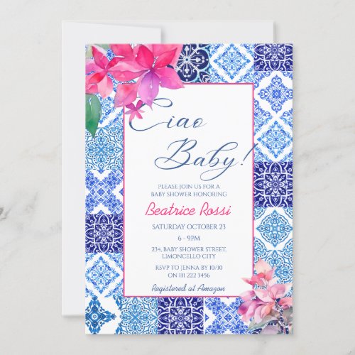 Ciao Baby Blue Tile Floral Girl Baby Shower Invitation