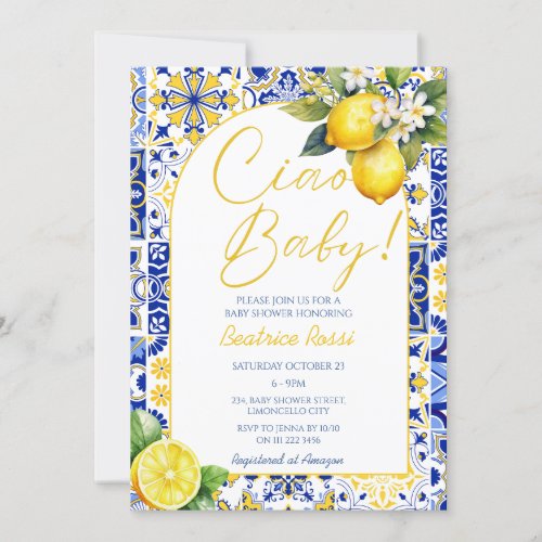 Ciao Baby Blue Tiles Lemon Amalfi Arch Baby Shower Invitation