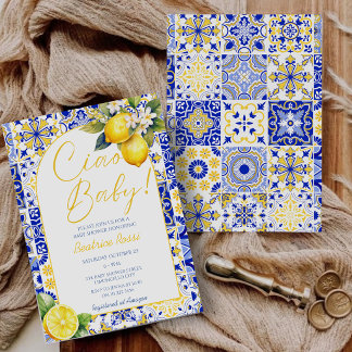 Ciao Baby Blue Tiles Lemon Amalfi Arch Baby Shower Invitation