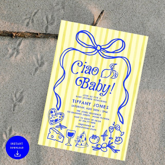 Ciao Baby Blue Yellow Italian Lemons Baby Shower Invitation (Creator Uploaded)