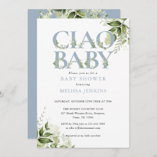 Ciao Baby Dusty Blue Greenery Letter Baby Shower Invitation
