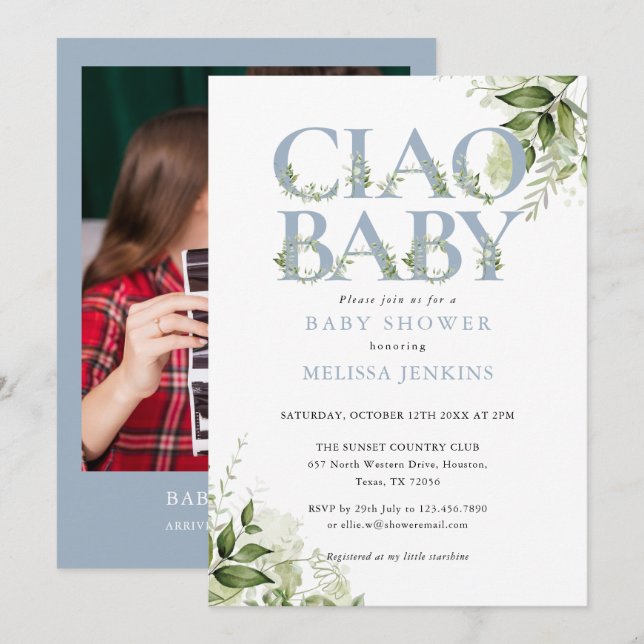 Ciao Baby Dusty Blue Greenery Photo Baby Shower Invitation (Front/Back)