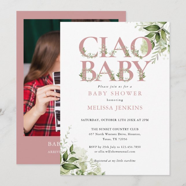 Ciao Baby Dusty Rose Greenery Photo Baby Shower Invitation (Front/Back)