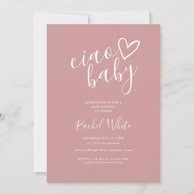 Ciao Baby Dusty Rose Pink All In One Baby Shower Invitation (Front)