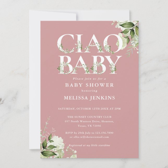 Ciao Baby Floral All In One Dusty Rose Baby Shower Invitation (Front)