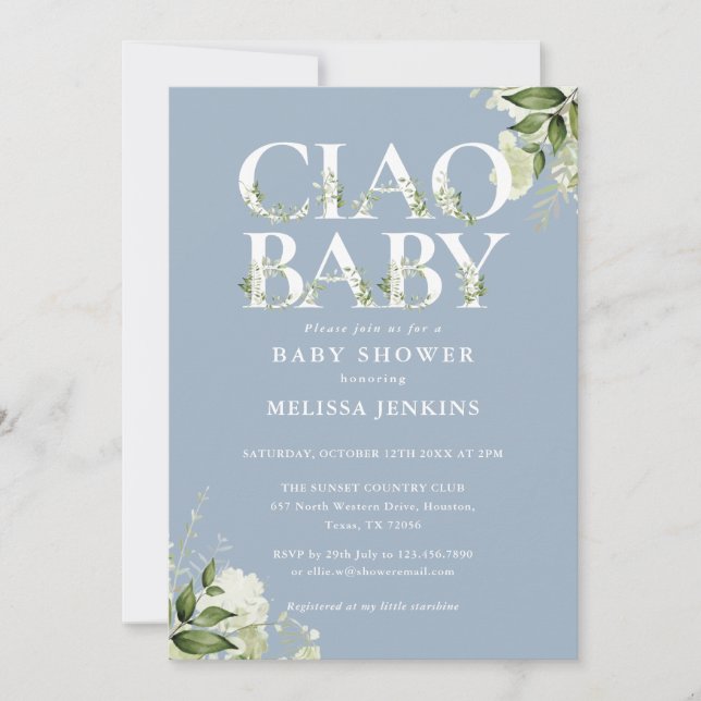 Ciao Baby Greenery Letter Dusty Blue Baby Shower Invitation (Front)