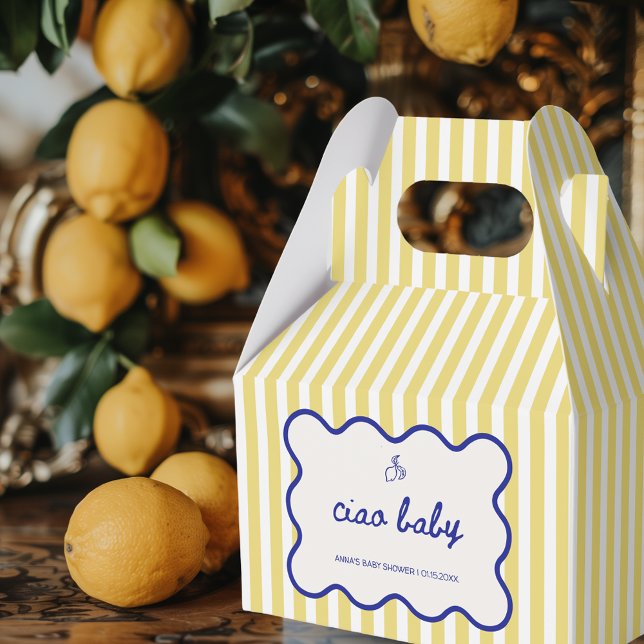 Ciao Baby Hand Drawn Blue & Yellow Baby Shower Favor Boxes (ciao baby blue and yellow hand drawn favor boxes for italian baby shower inspired by lemons)