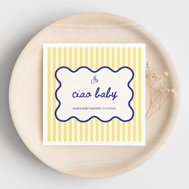 Ciao Baby Hand Drawn Blue & Yellow Baby Shower Napkins (ciao baby yellow stripes hand drawn italian ciao bambino baby shower citrus lemon butter yellow)