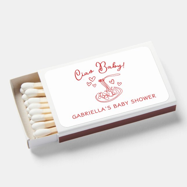 Ciao Baby! Hand Drawn Italian Pasta Baby Shower Matchboxes (Front Open)