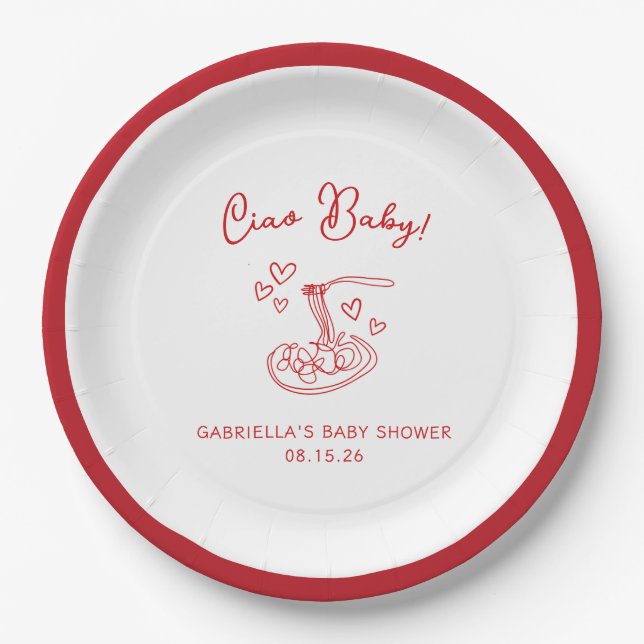 Ciao Baby! Hand Drawn Italian Pasta Baby Shower Paper Plates (Front)