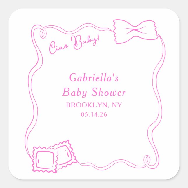 Ciao Baby Hand Drawn Pasta Italian Baby Shower Square Sticker (Front)
