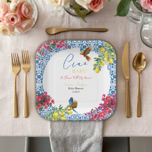 Ciao Baby Italian Blue Tile Lemons Baby Shower Paper Plates