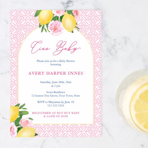 Ciao Baby Italian Inspired Lemons Pink Baby Shower Invitation