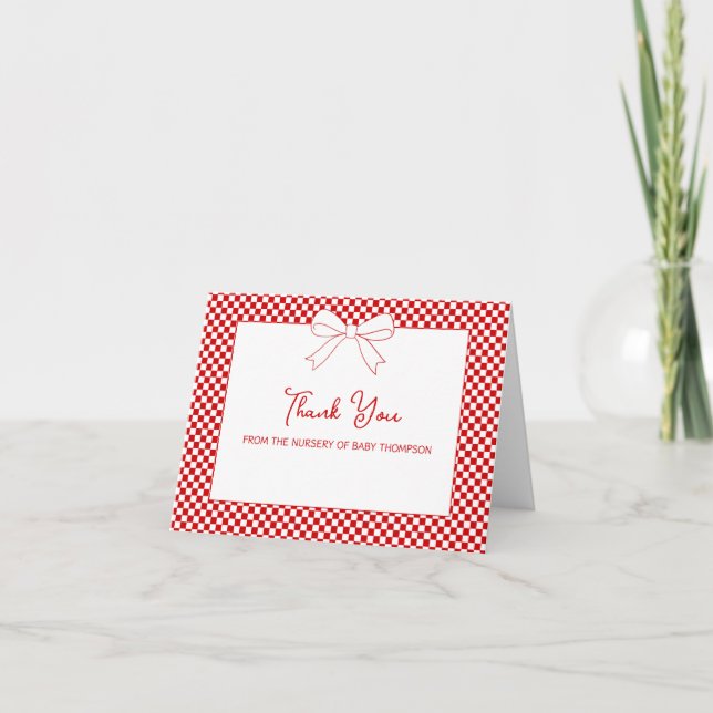 Ciao Baby! Italian Red Bow Gingham Baby Shower Letterpress Thank You Card (Front)