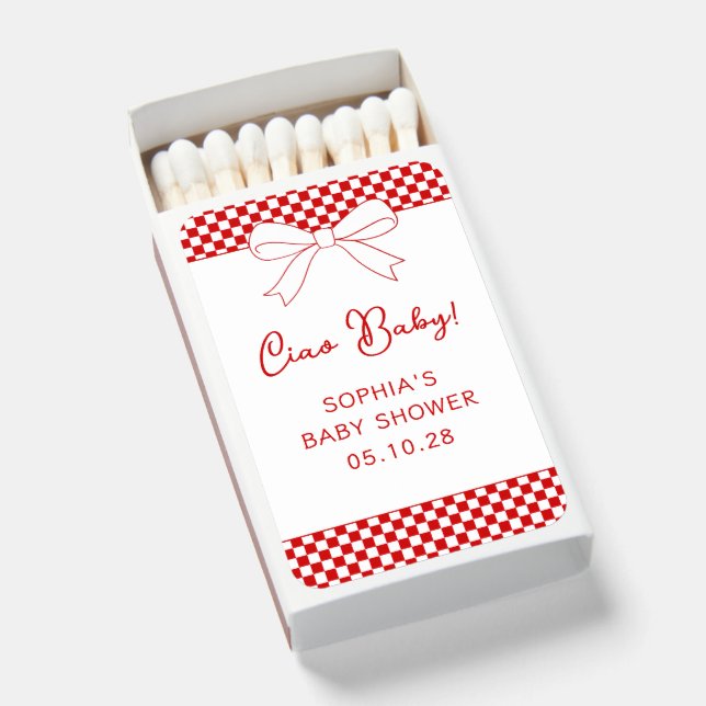 Ciao Baby! Italian Red GIngham Bow Baby Shower Matchboxes (Front Open)
