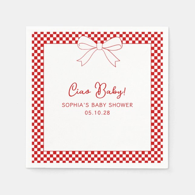 Ciao Baby! Italian Red GIngham Bow Baby Shower Napkins (Front)
