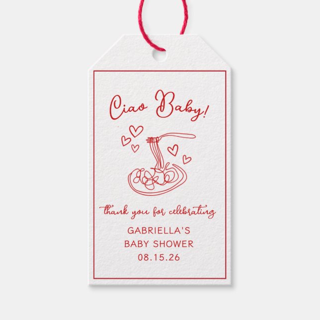Ciao Baby! Italian Red Pasta Baby Shower Thank You Gift Tags (Front)