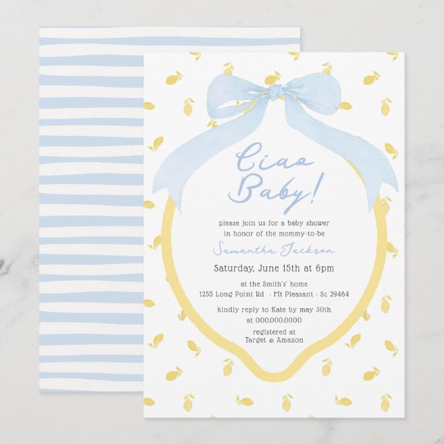 Ciao Baby Lemon & Blue Bow Boy Baby Shower Invitation (Front/Back)