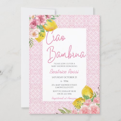 Ciao Baby Lemon Girl Pink Italian Baby Shower Invitation